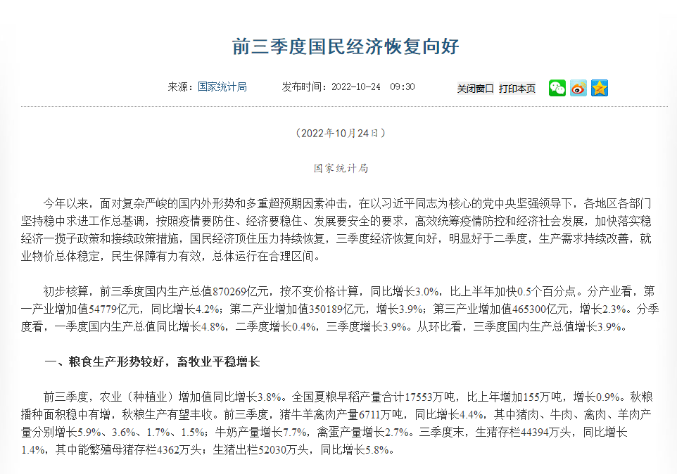 前三季度經(jīng)濟(jì)數(shù)據(jù)公布！糧食生產(chǎn)形勢較好，畜牧業(yè)平穩(wěn)增長